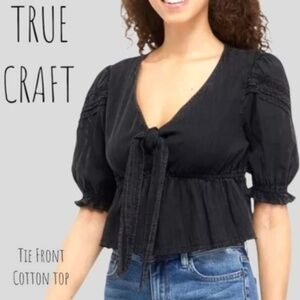 TRUE CRAFT Tie-Front Elastic @ Bodice 3/4 Puff Sleeve Cotton Blouse-Black/Lg/NWT